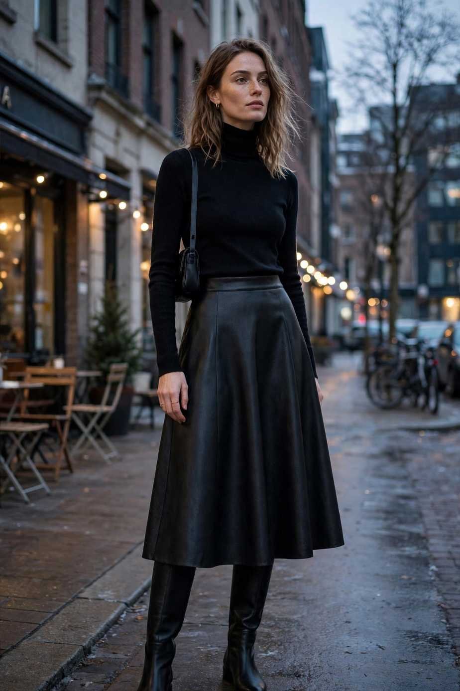 Turtleneck and Leather Skirt