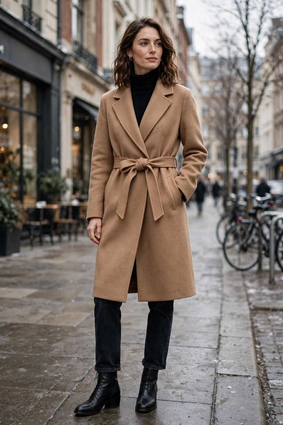 Wool Wrap Coat and Jeans