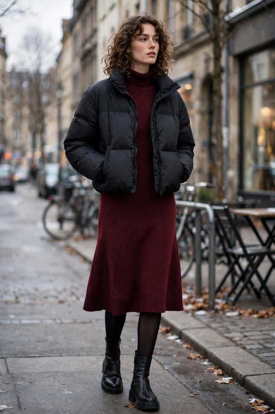 Puffer Jacket and Sweater Dress