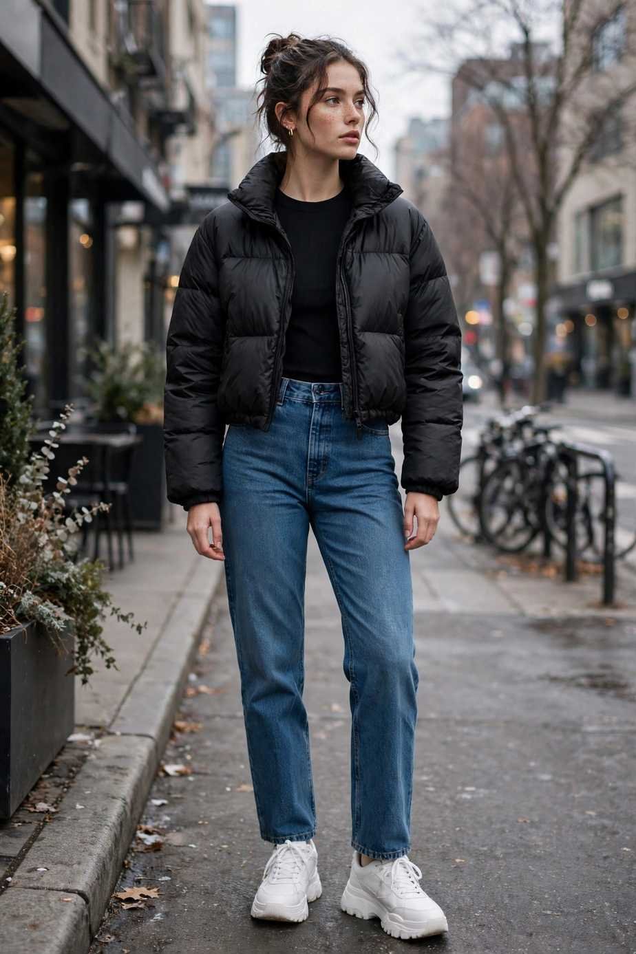 Cropped Puffer and High-Waisted Jeans
