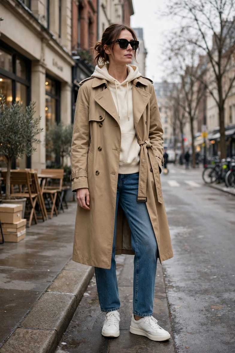 Trench Over Hoodie and Jeans