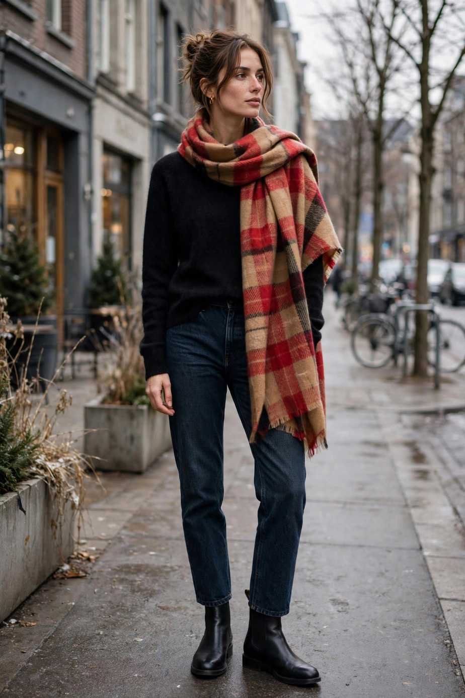 Black Sweater and Plaid Scarf