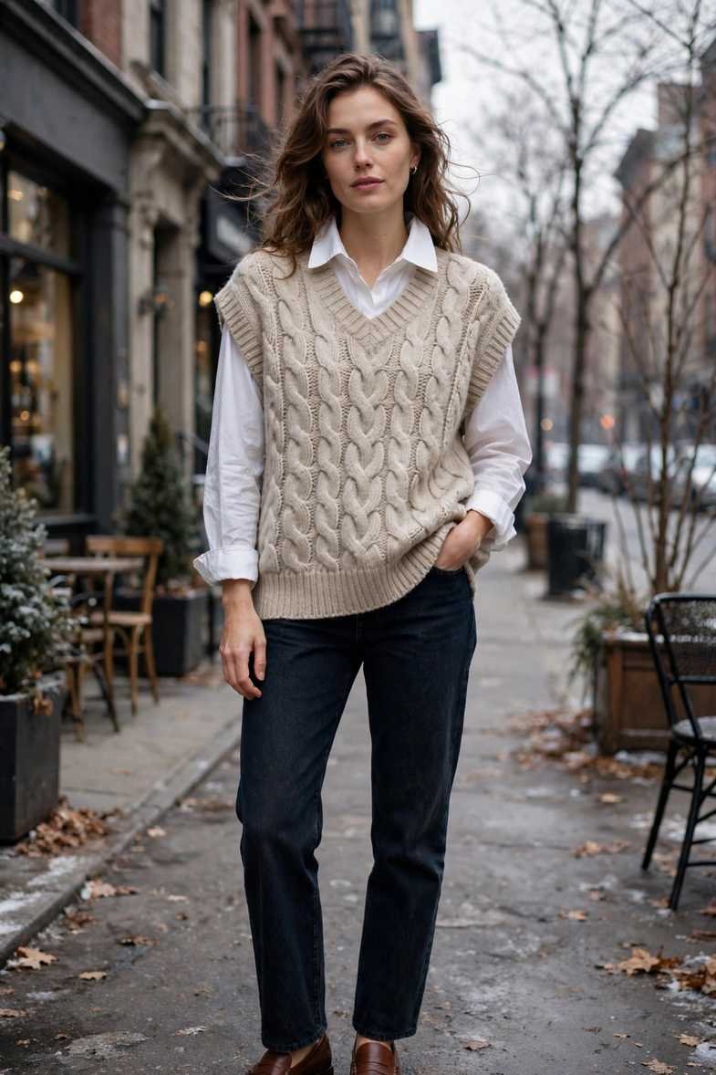 Cable-Knit Vest and White Shirt