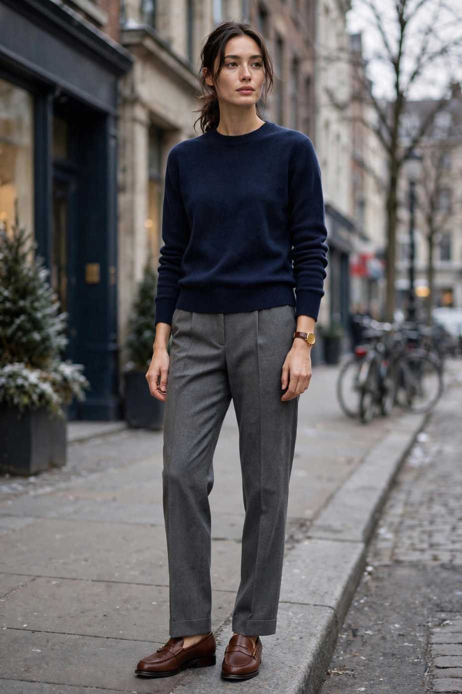 Navy Sweater and Grey Trousers