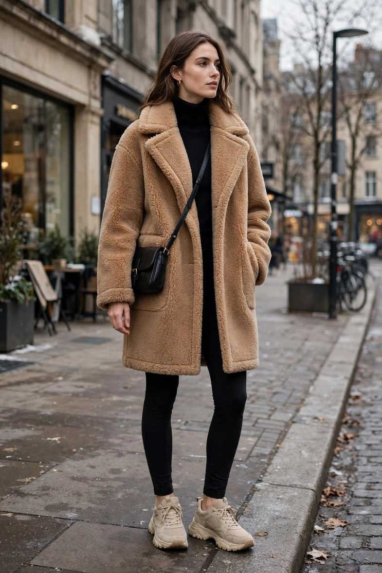 Teddy Coat and Black Leggings