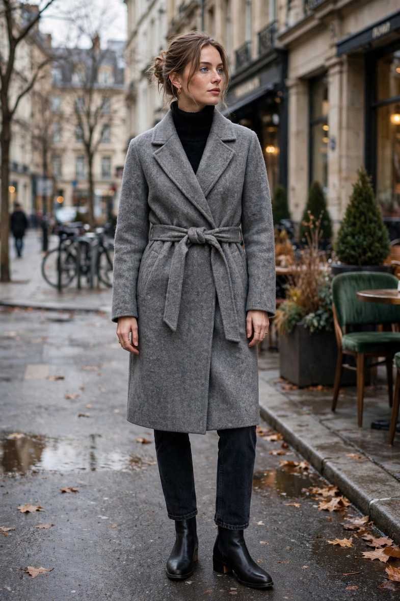 Wool Wrap Coat and Jeans