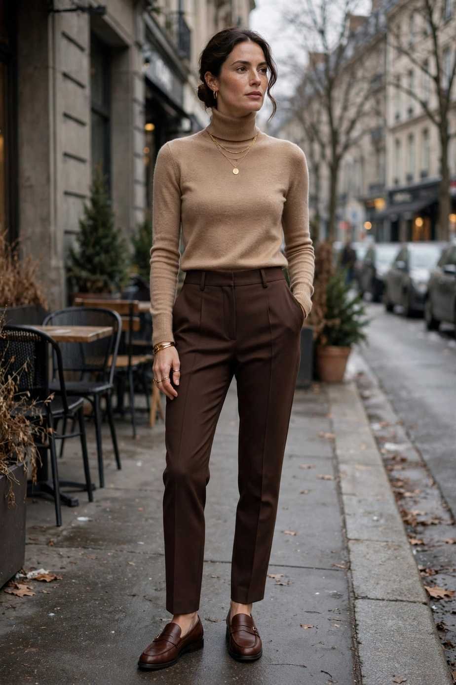 Camel Turtleneck and Brown Trousers