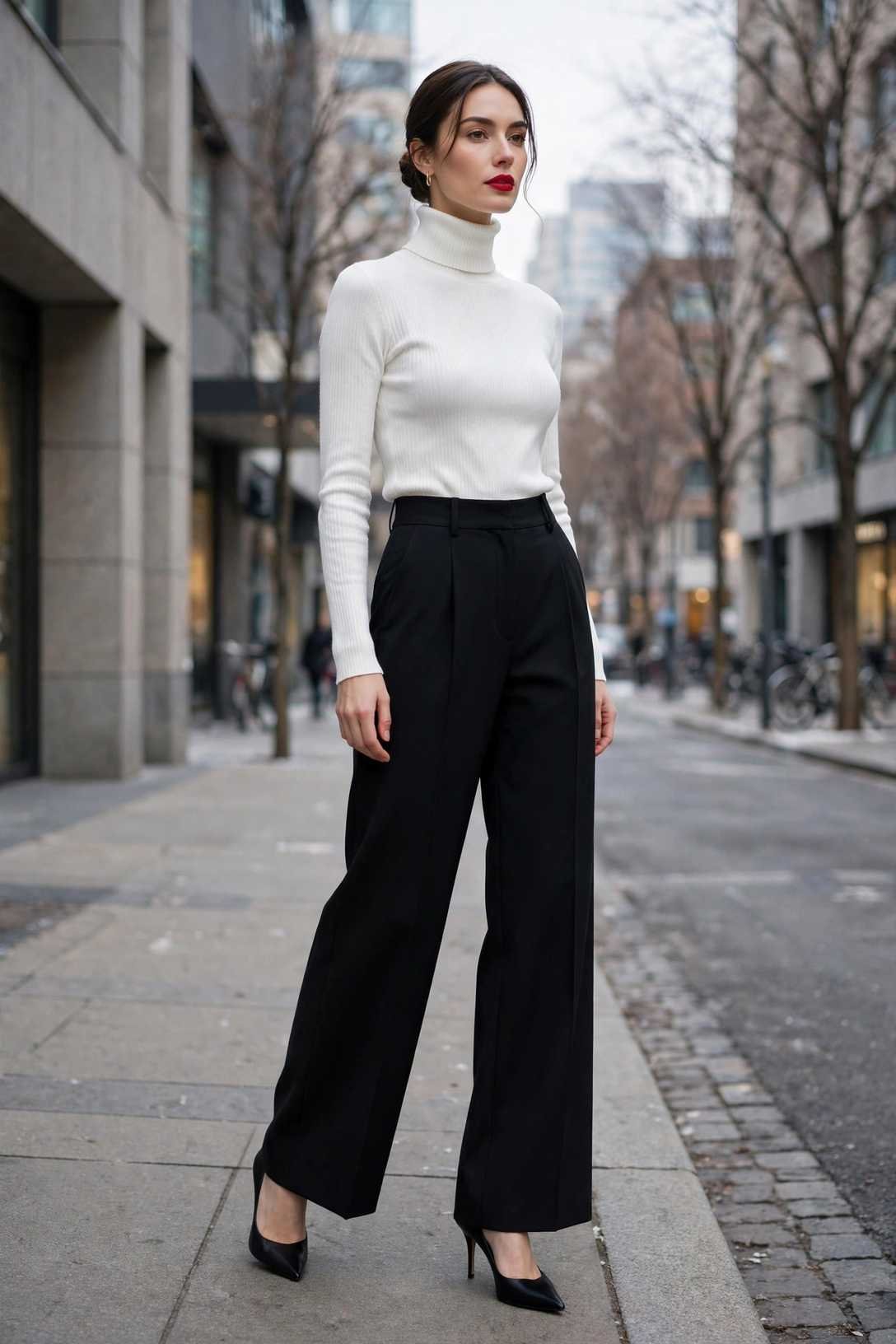 White Turtleneck and Black Wide-Leg Pants