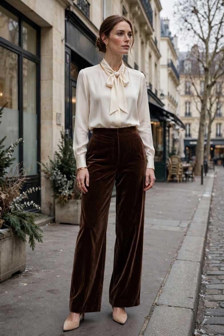 Cream Blouse and Brown Velvet Pants