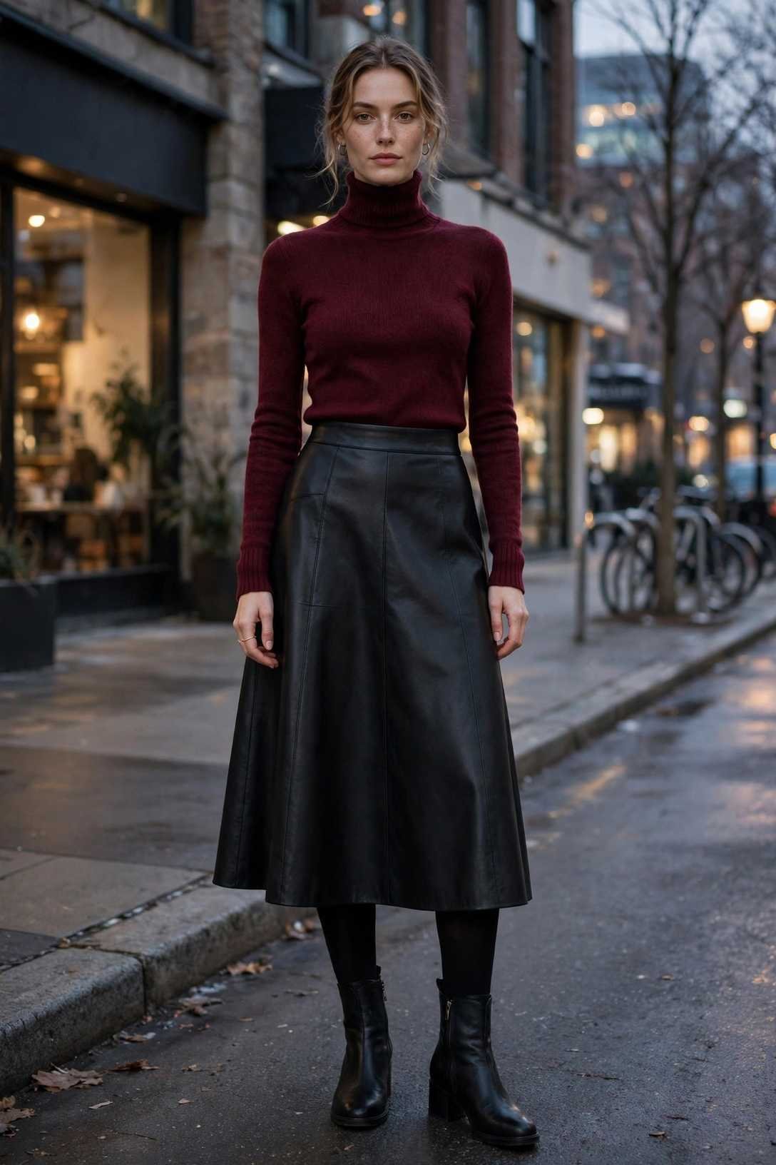 Turtleneck and Leather Skirt