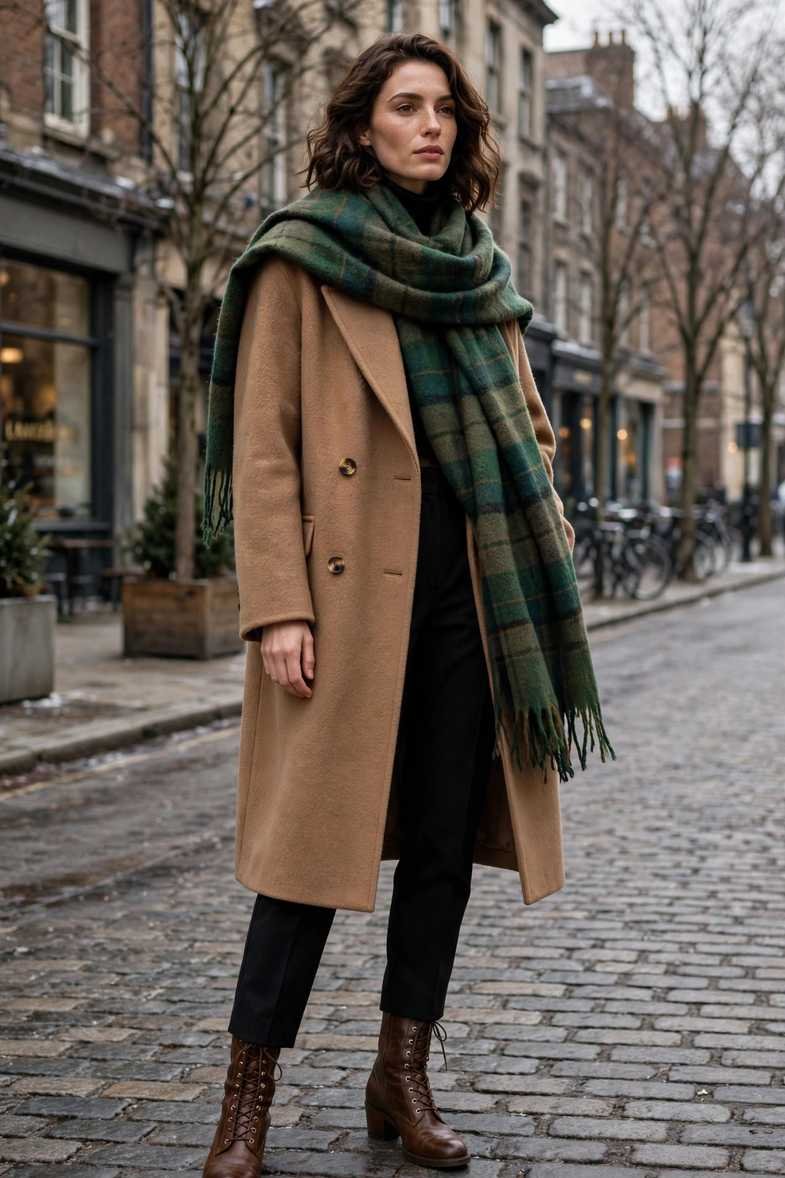 Tartan Scarf and Camel Coat Classic