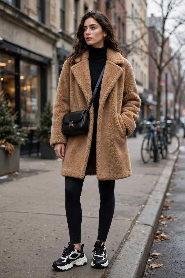 Teddy Coat and Black Leggings