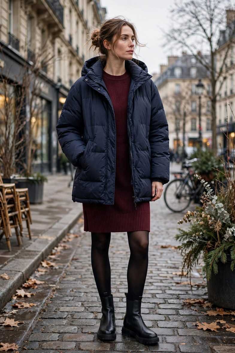 Puffer Jacket and Sweater Dress