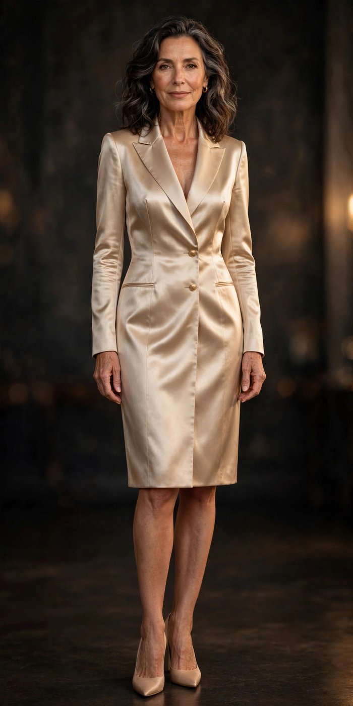 Woman in a champagne satin blazer dress for a special night