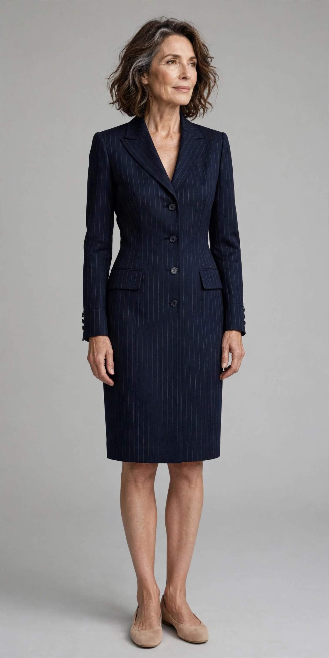 Woman wearing a pinstripe blazer dress with ballet flats