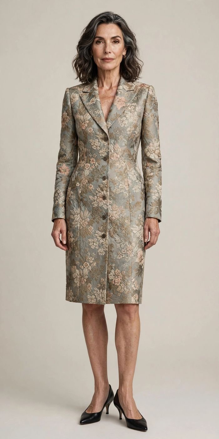 Woman in a floral blazer dress with kitten heels