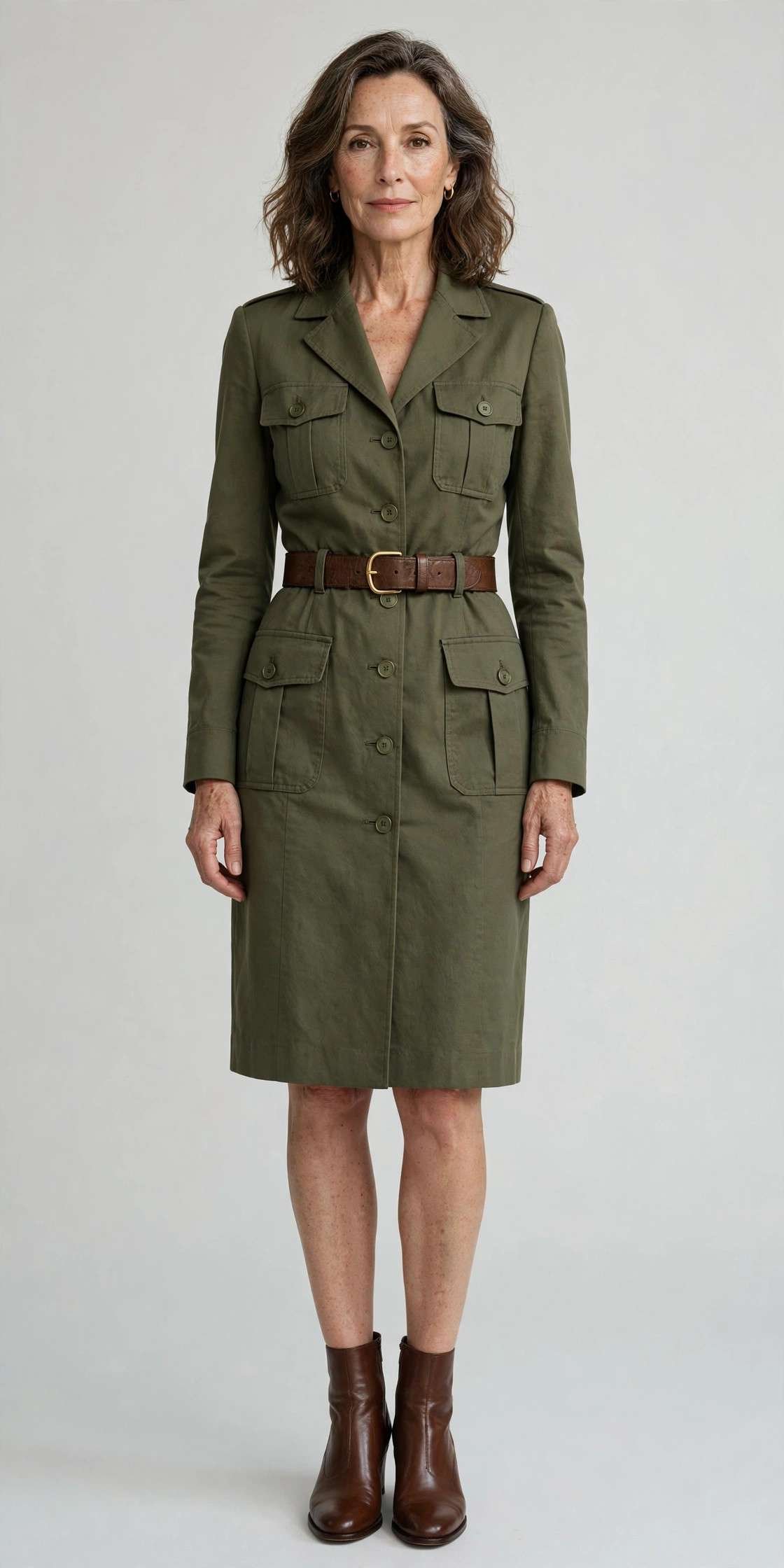 Woman in an olive utility-style blazer dress with a leather belt