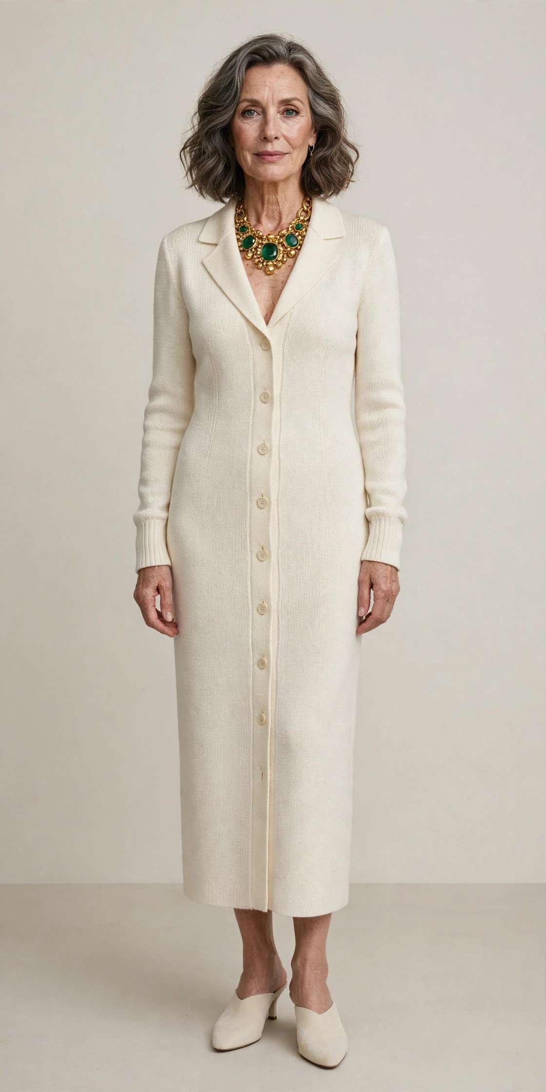 Woman wearing a cream knit blazer dress with a statement necklace