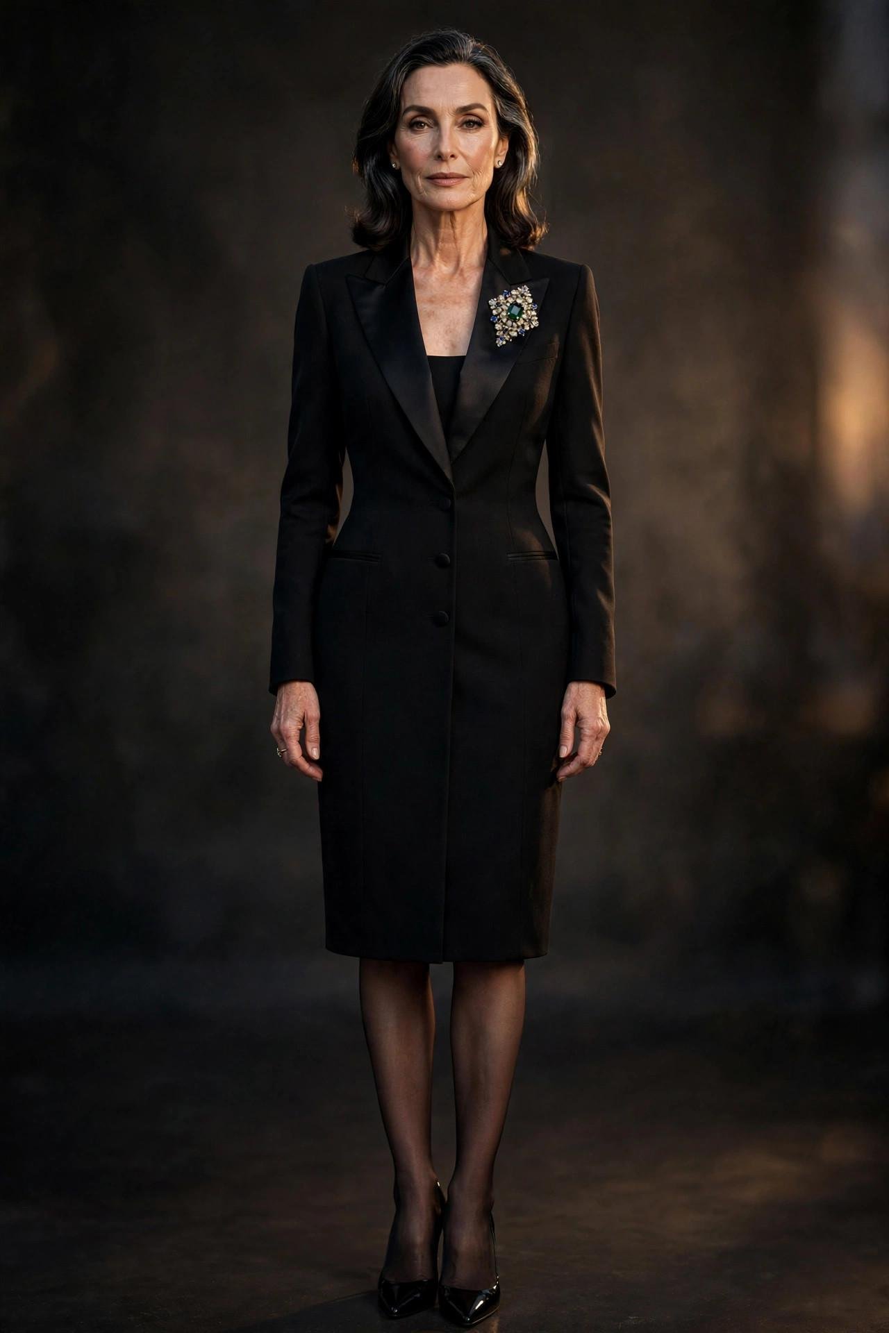 Woman in a black tuxedo blazer dress with a statement brooch