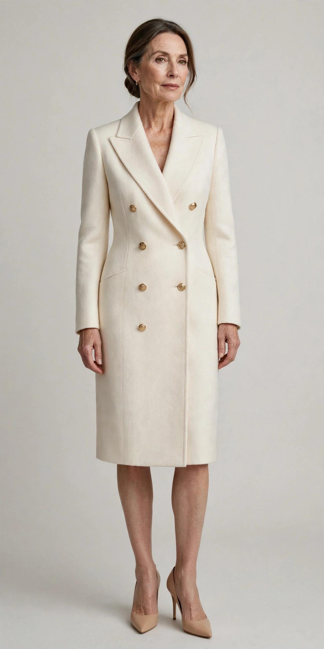 Woman wearing an ivory double-breasted blazer dress with nude heels