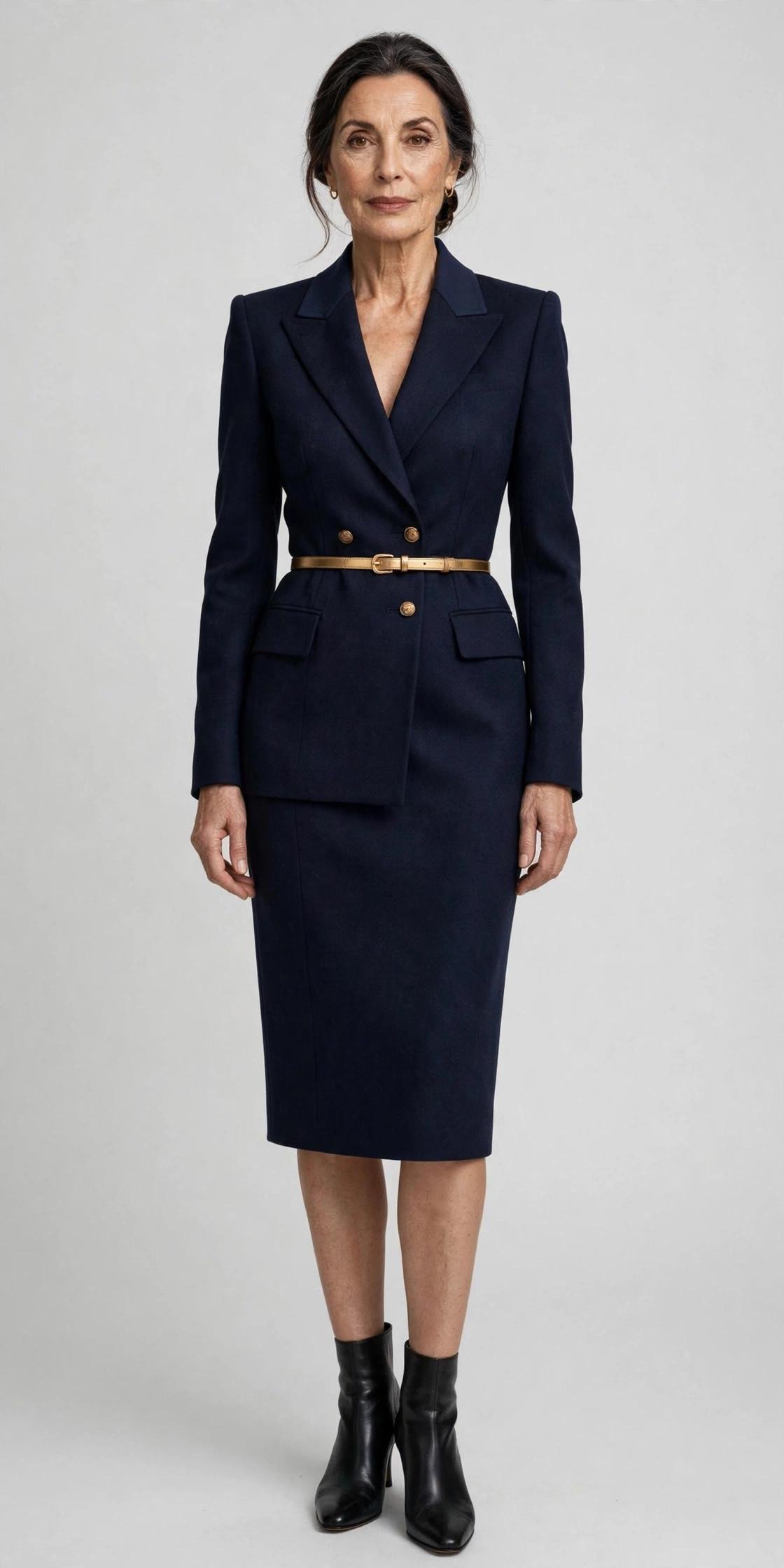 Woman in a navy tailored blazer dress with a gold belt