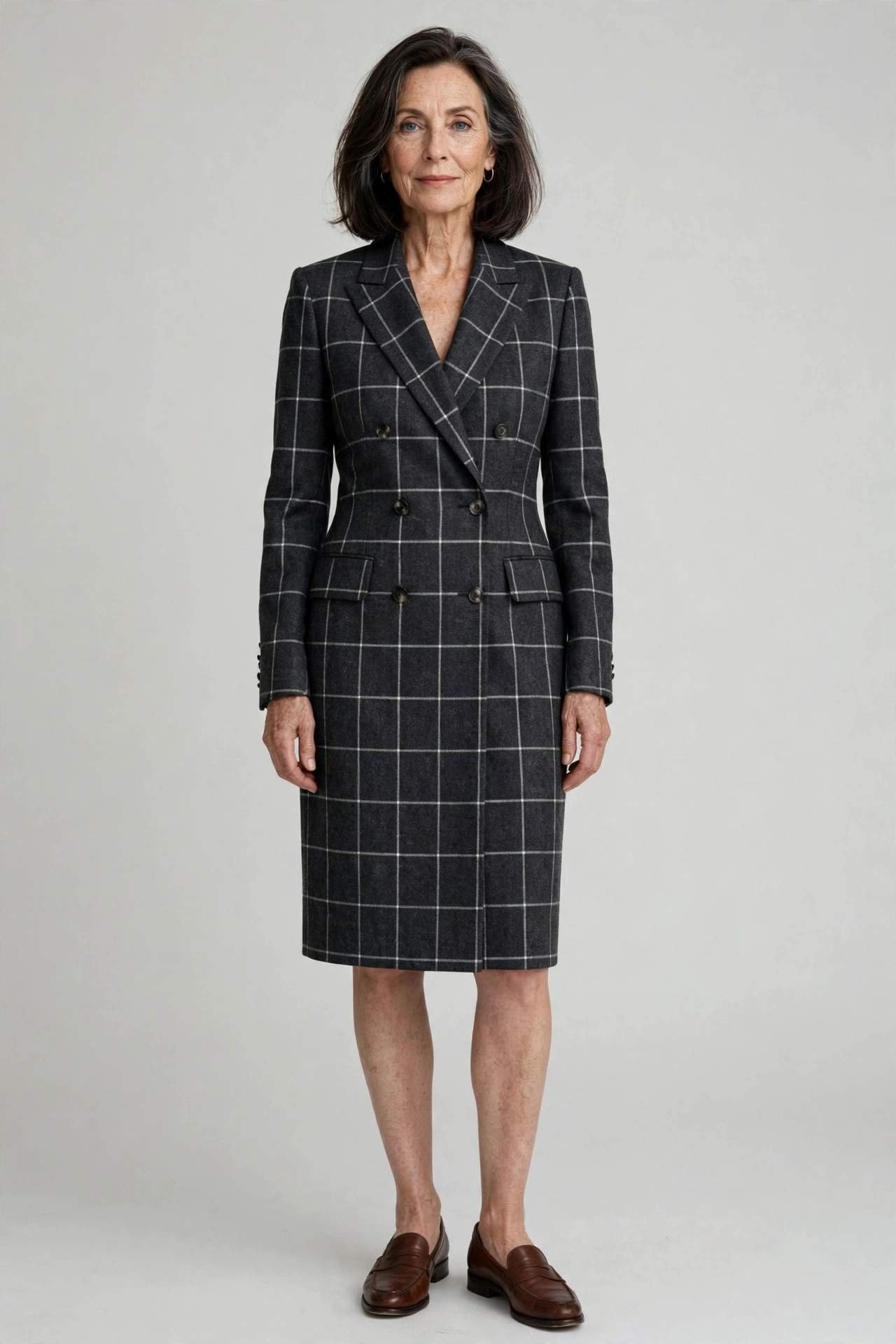 Woman wearing a windowpane plaid blazer dress with loafers