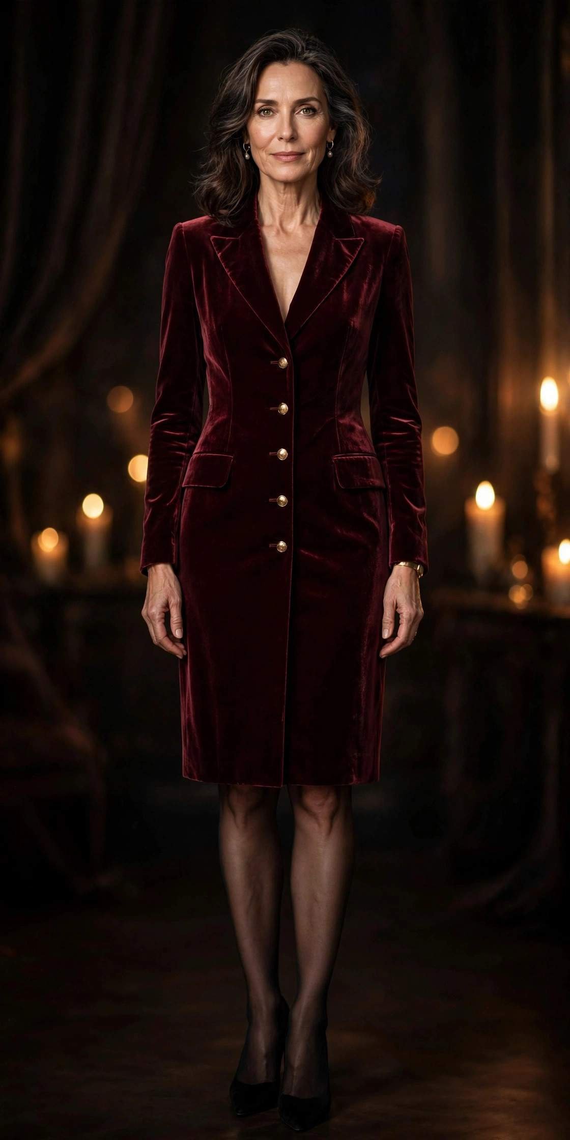 Woman in a burgundy velvet blazer dress for an evening out