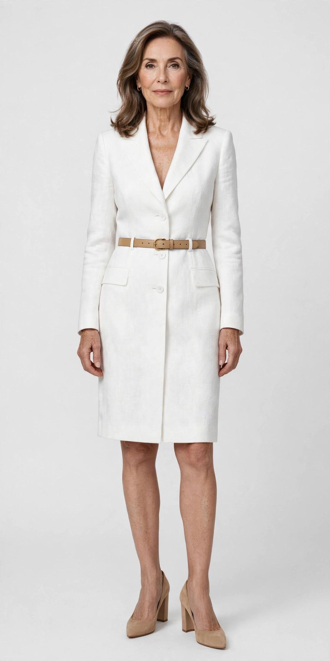 Woman in a white belted blazer dress with block heels