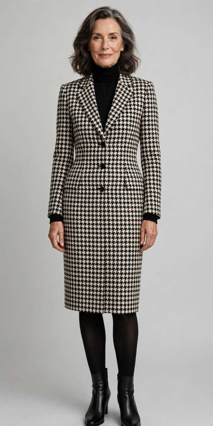 Woman wearing a houndstooth blazer dress layered over a turtleneck