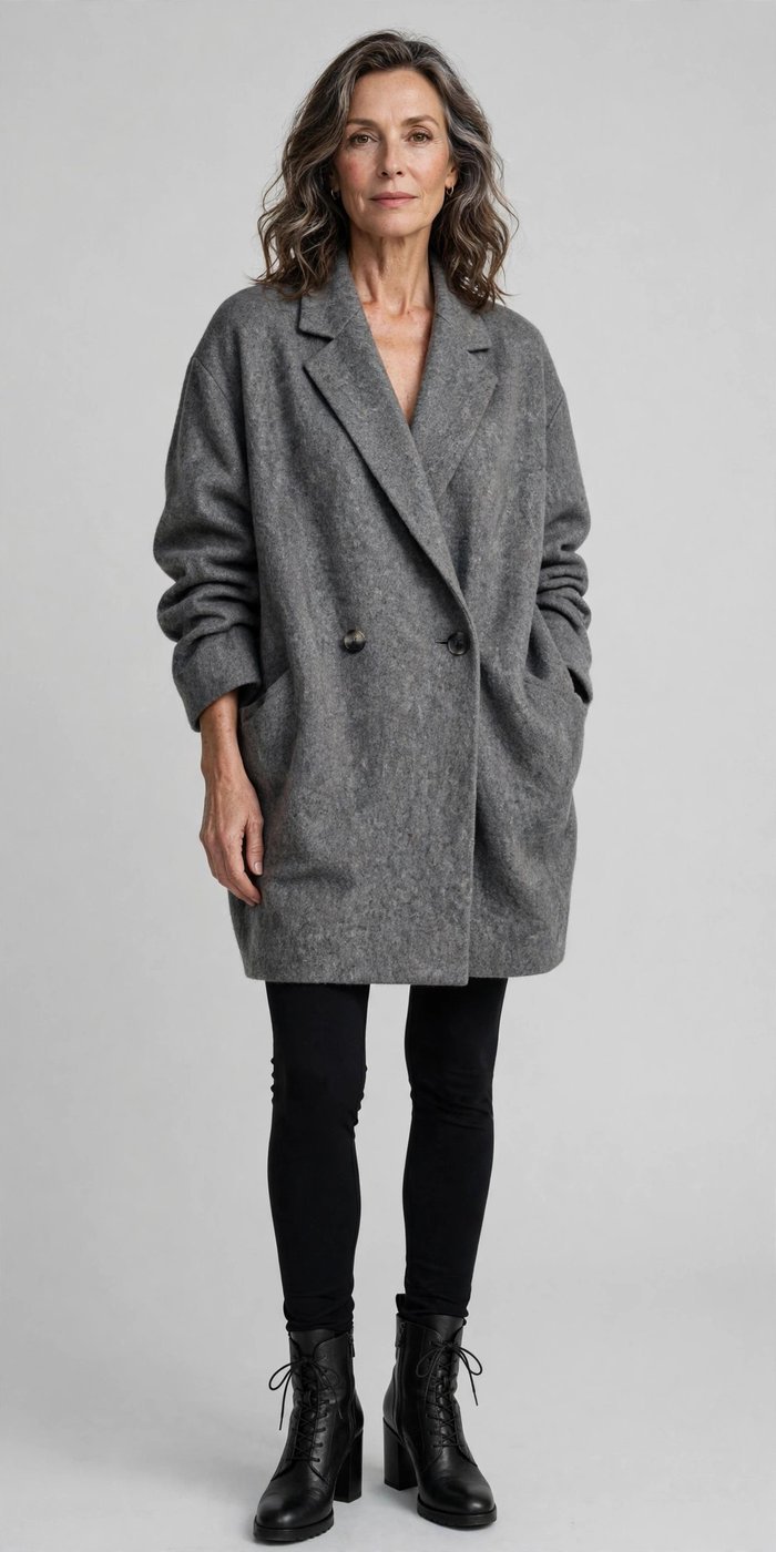 Woman in a gray oversized blazer dress styled with leggings