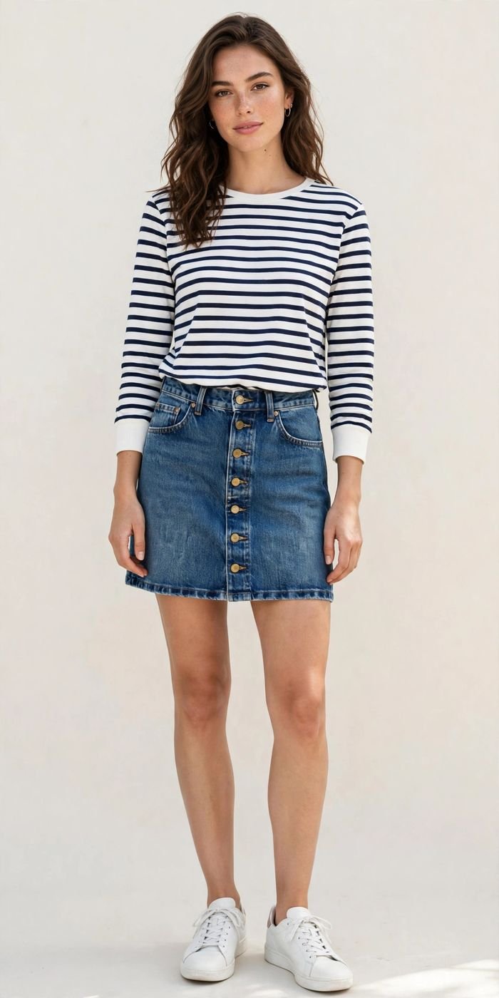 Woman in a denim skirt with a striped top