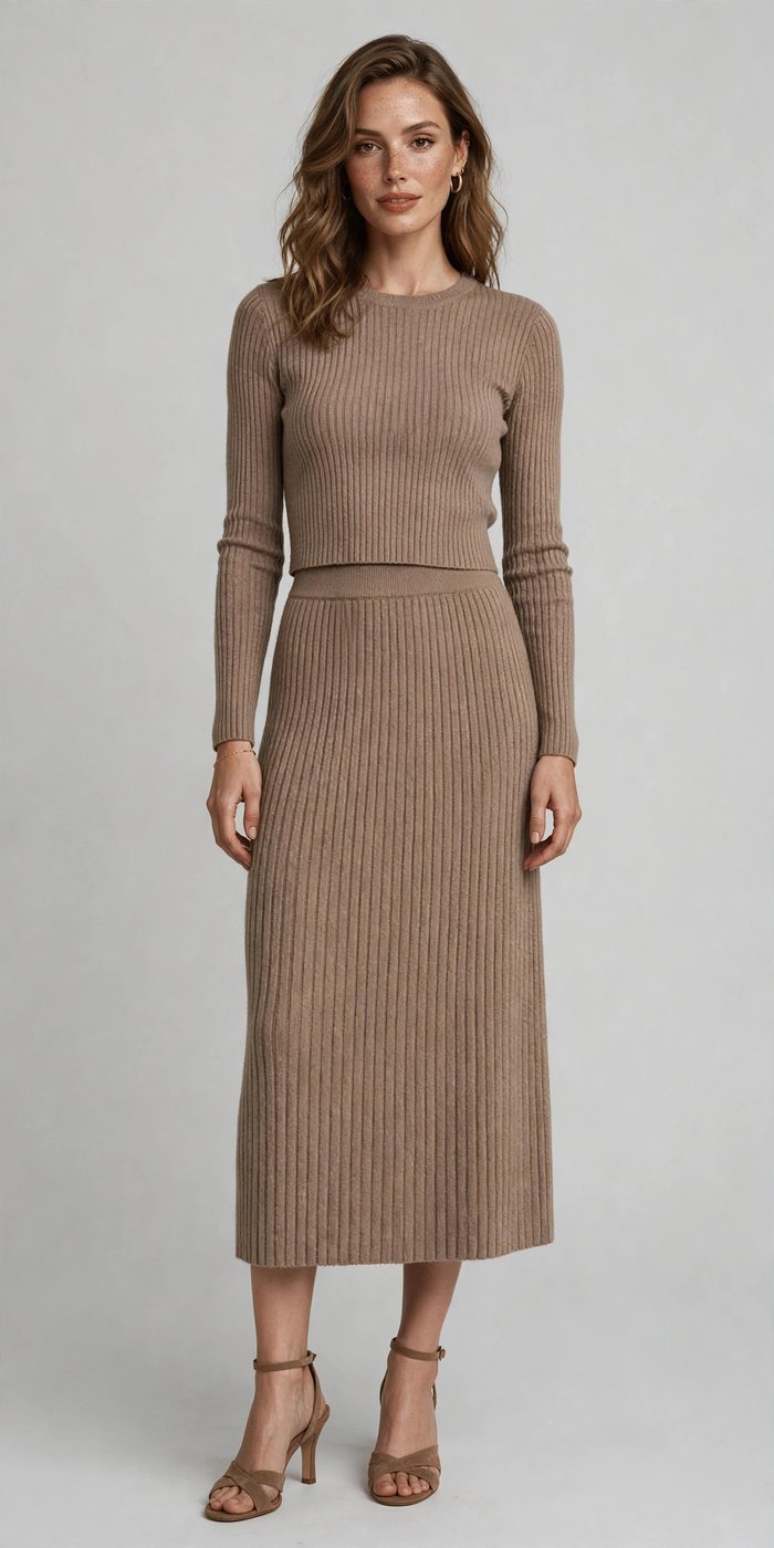 Woman wearing a ribbed knit two-piece set
