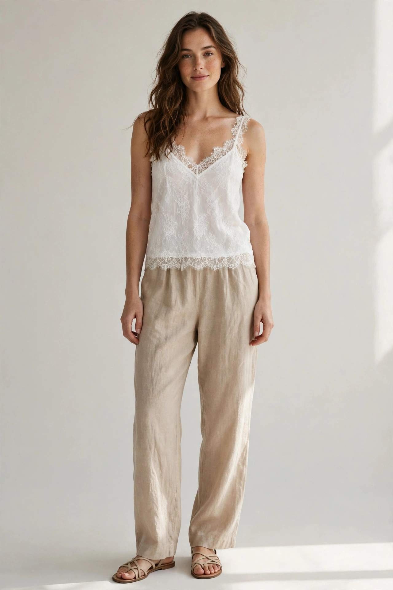Woman in linen pants with a lace-trim top