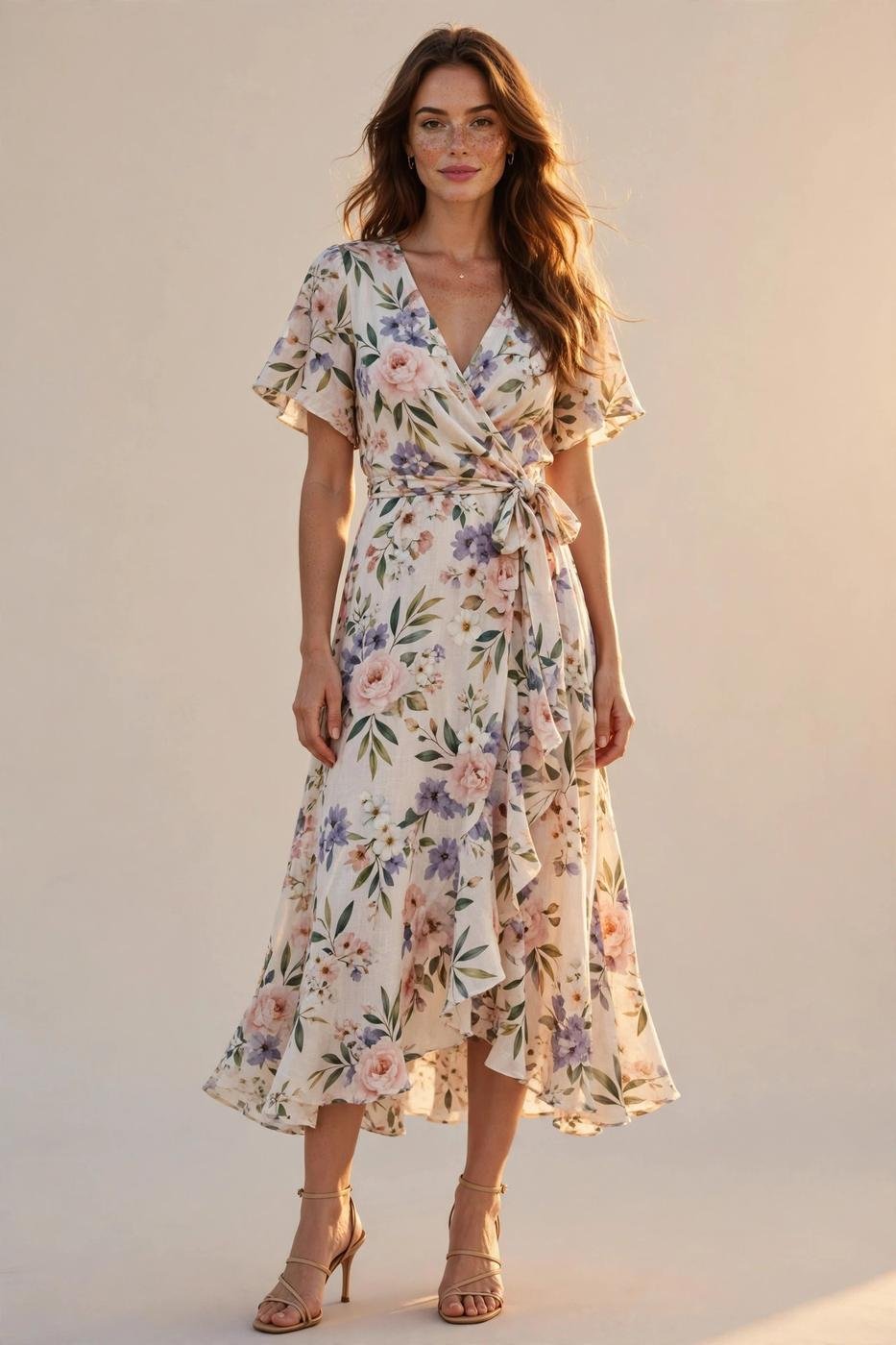 Woman in a midi wrap dress with strappy sandals