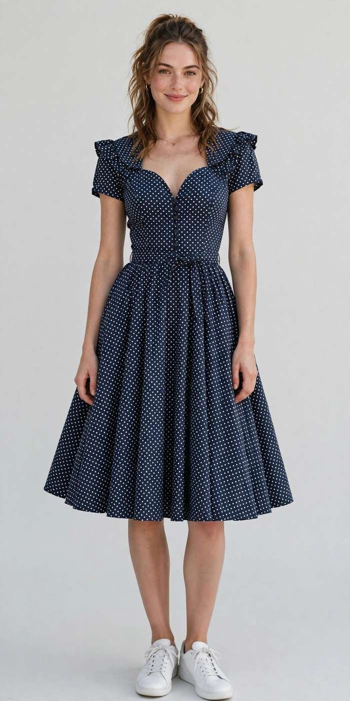 Woman in a polka dot tea dress with white sneakers
