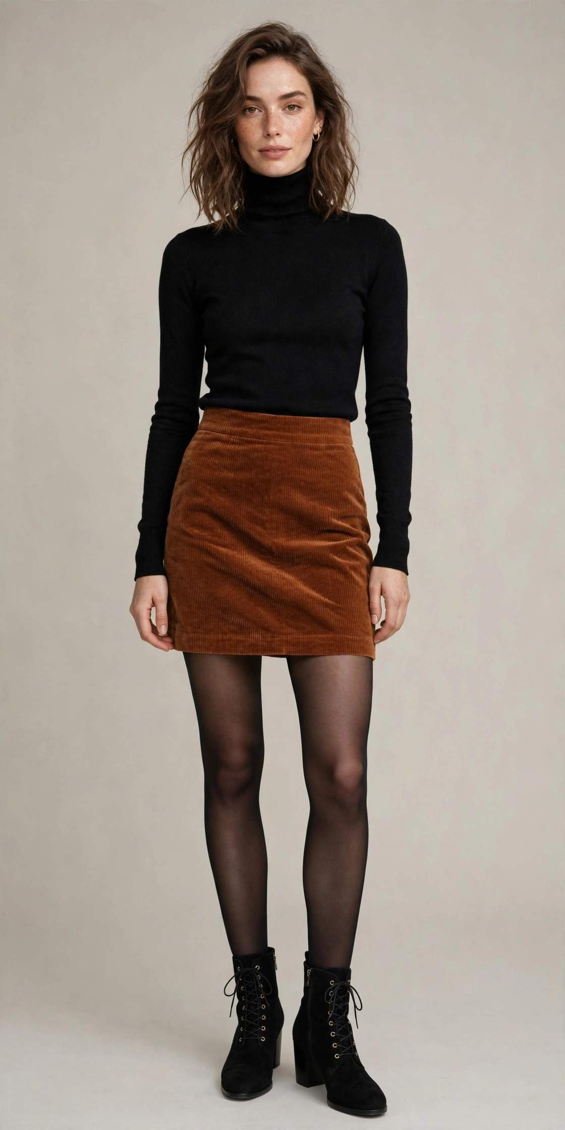 Woman in a corduroy mini skirt with a turtleneck