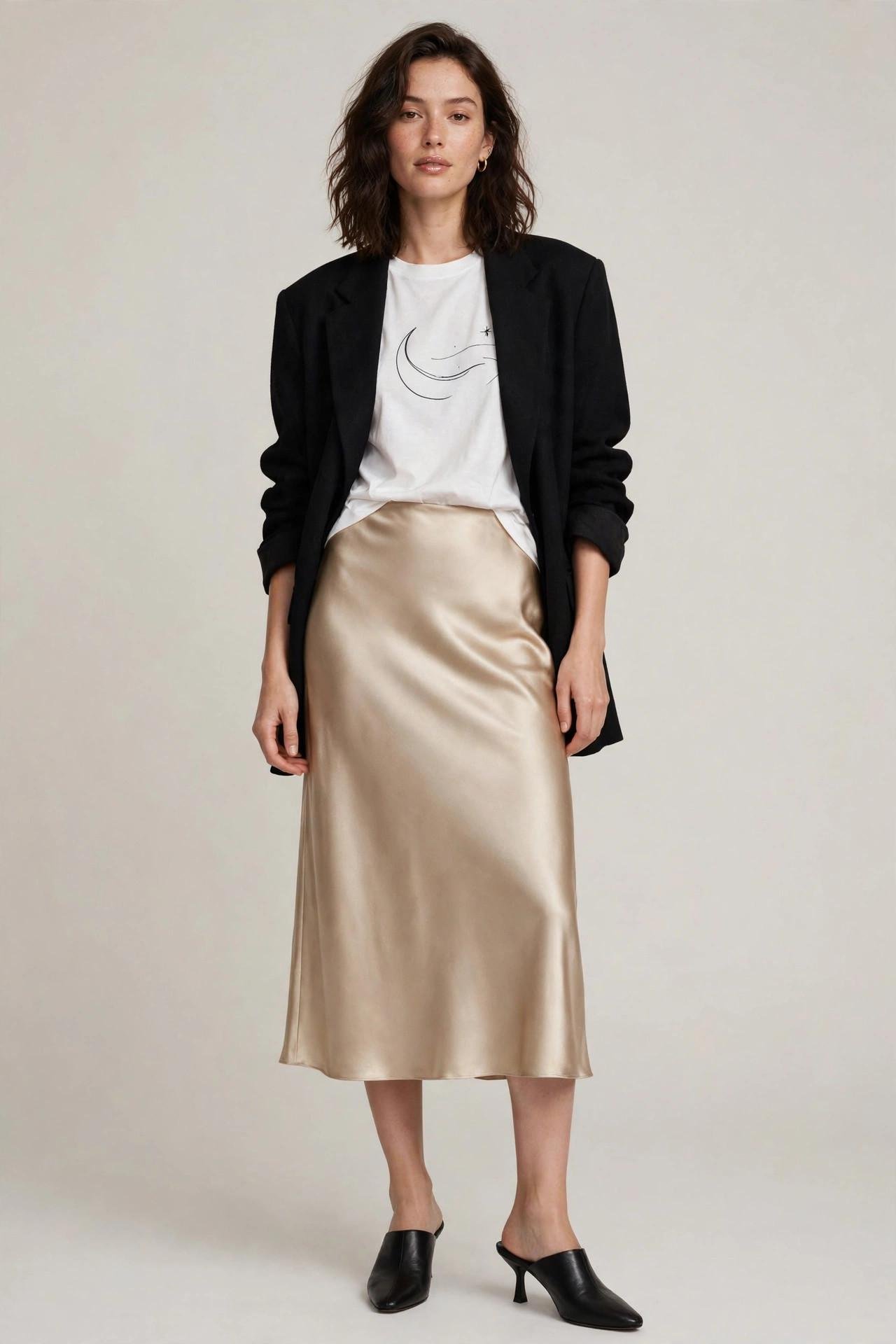 Woman in a satin slip skirt with a graphic tee and blazer