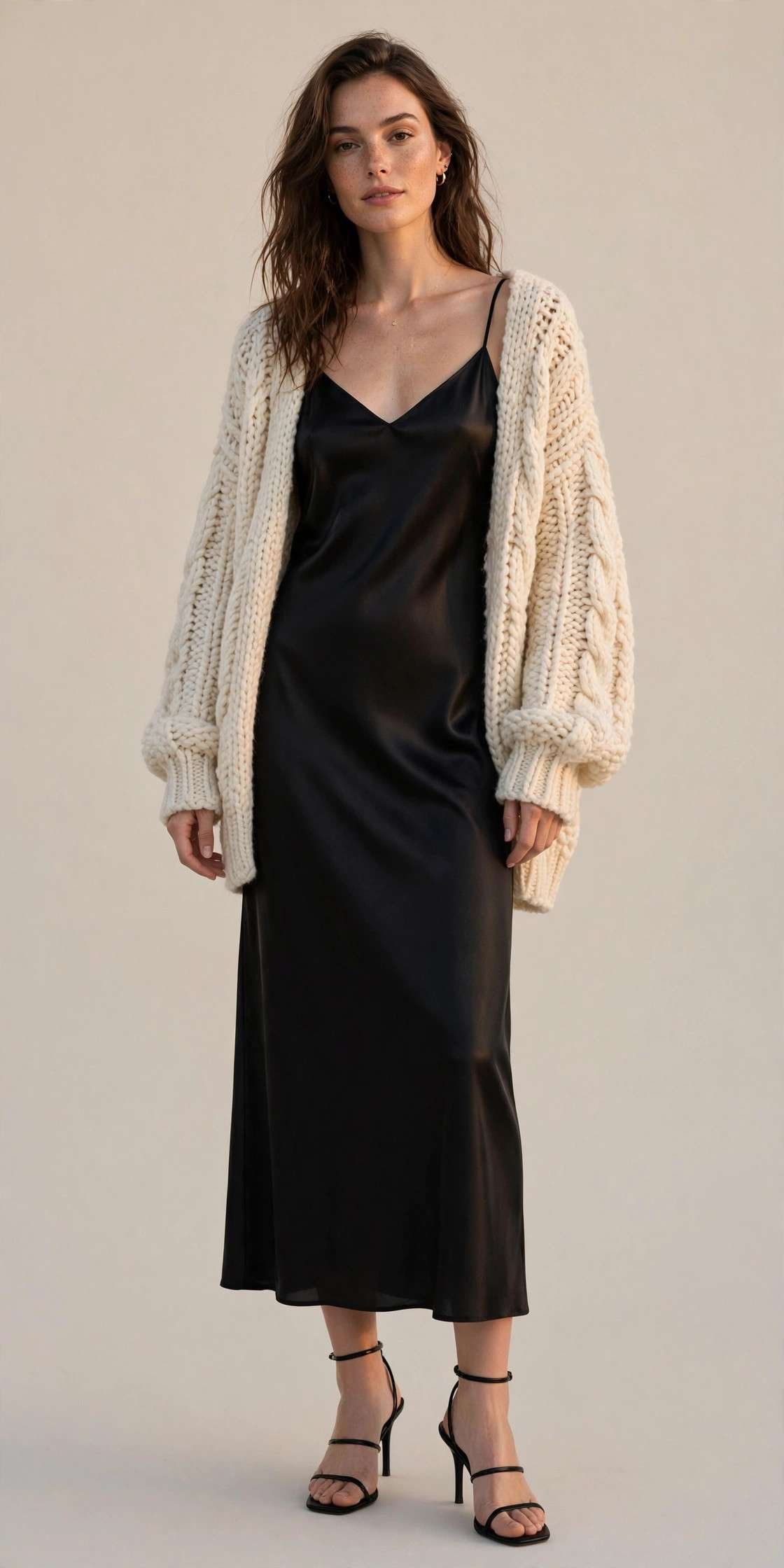 Woman wearing a black slip dress with a chunky cardigan