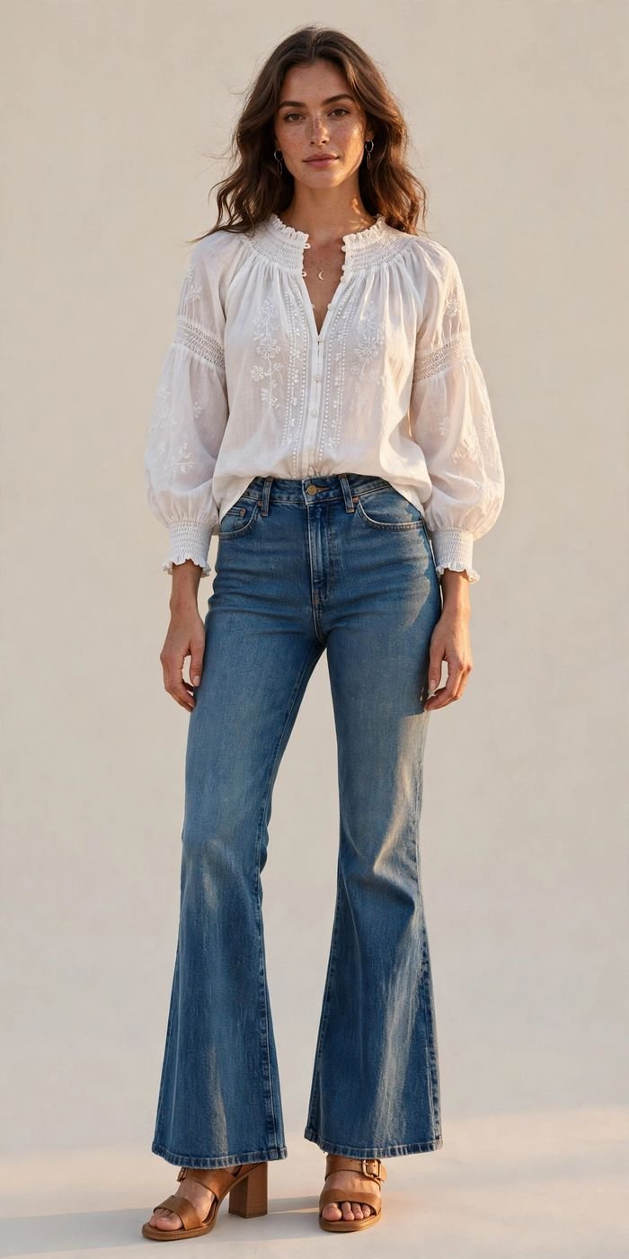 Woman in flare jeans with a peasant blouse