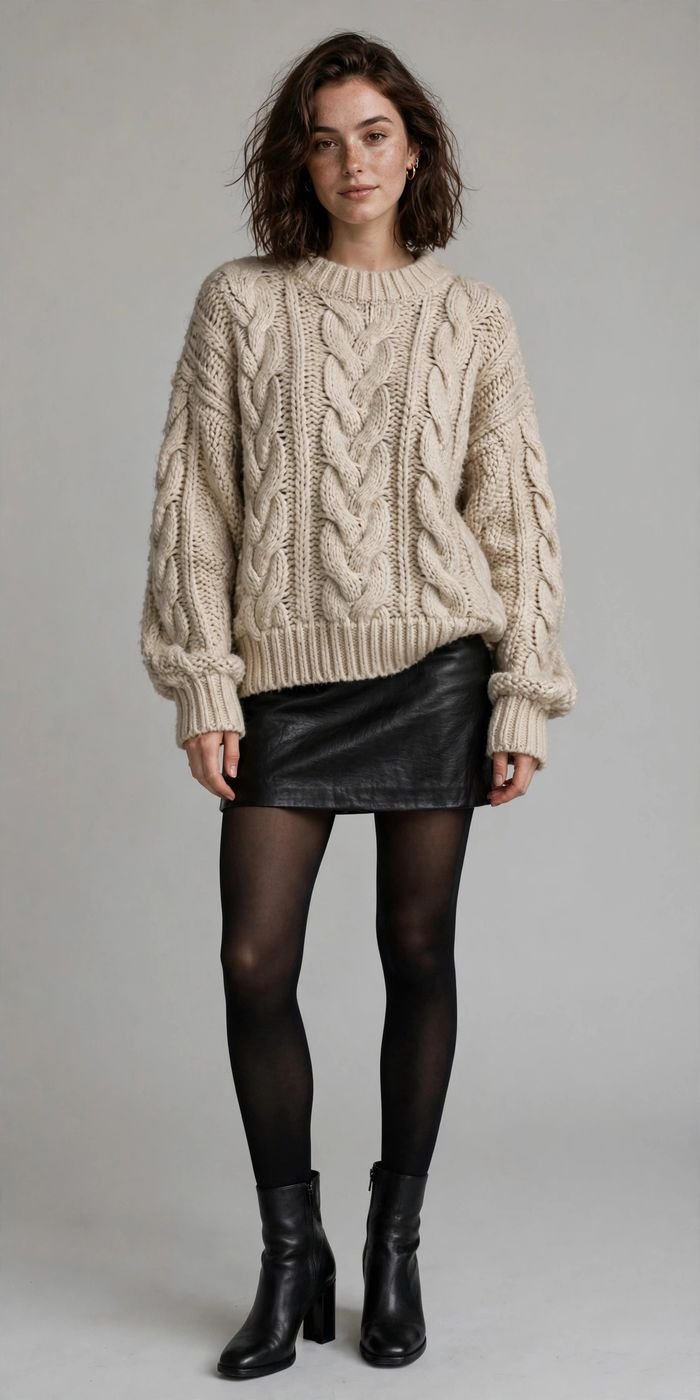 Woman in a leather mini skirt with a cozy knit sweater
