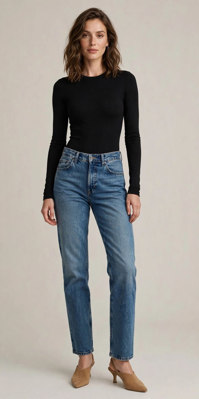 Woman in straight-leg jeans with a bodysuit and heeled mules