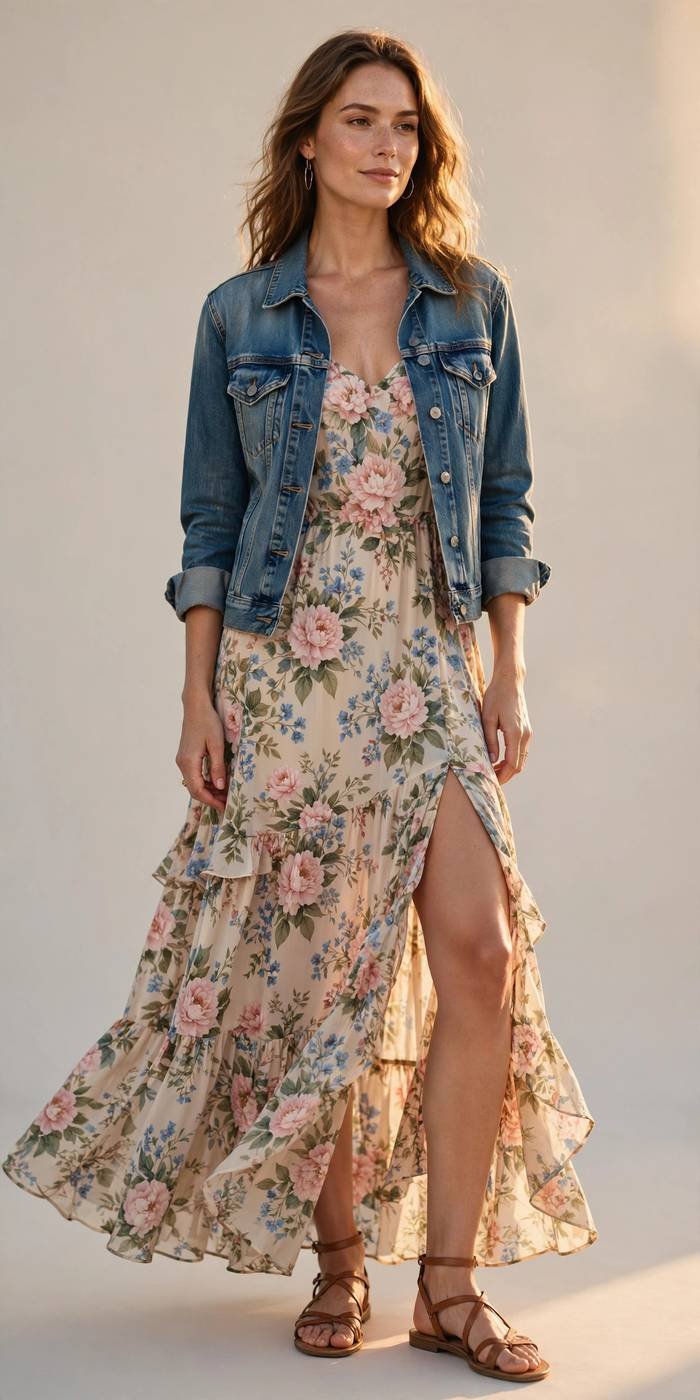 Woman in a floral maxi dress with a denim jacket