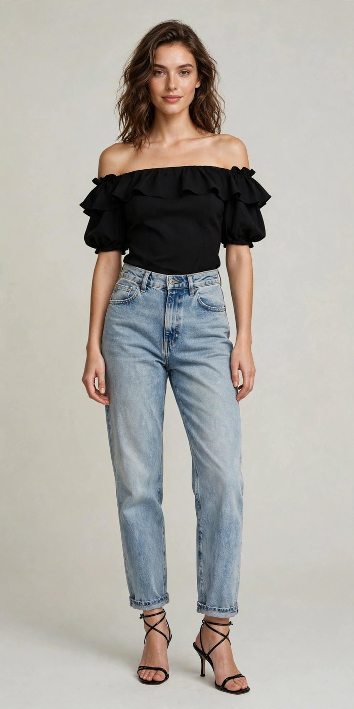 Woman in high-waist jeans with an off-shoulder top