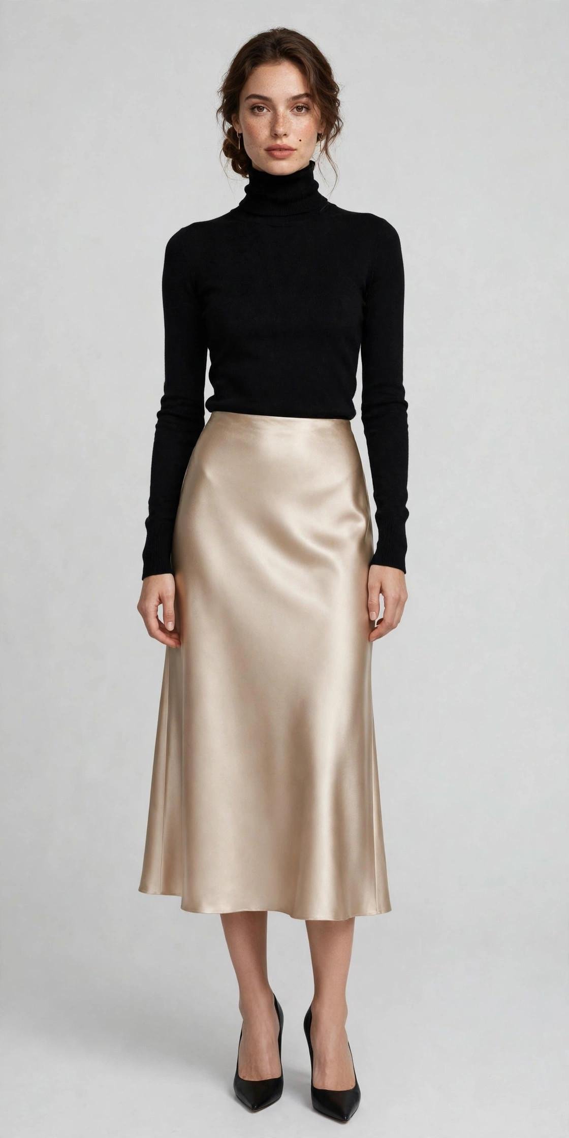 Woman in a satin midi skirt with a fitted turtleneck