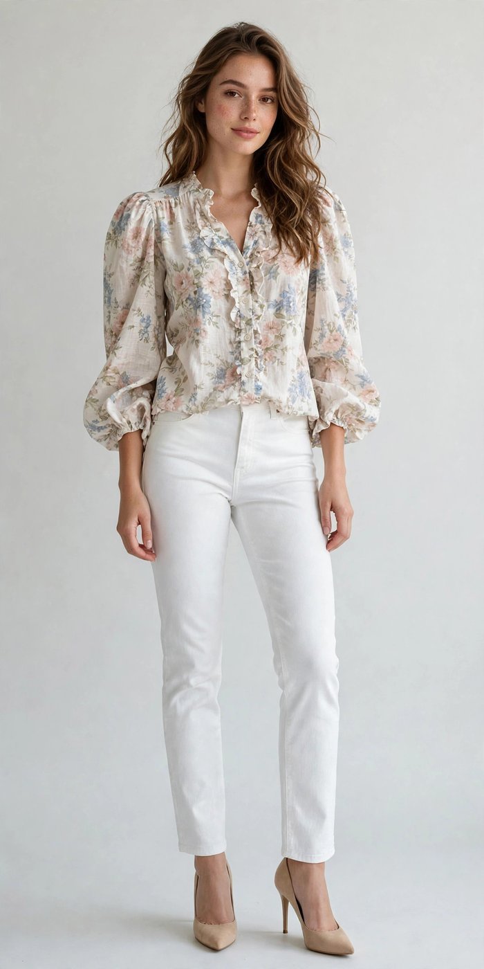 Woman in white jeans with a floral blouse