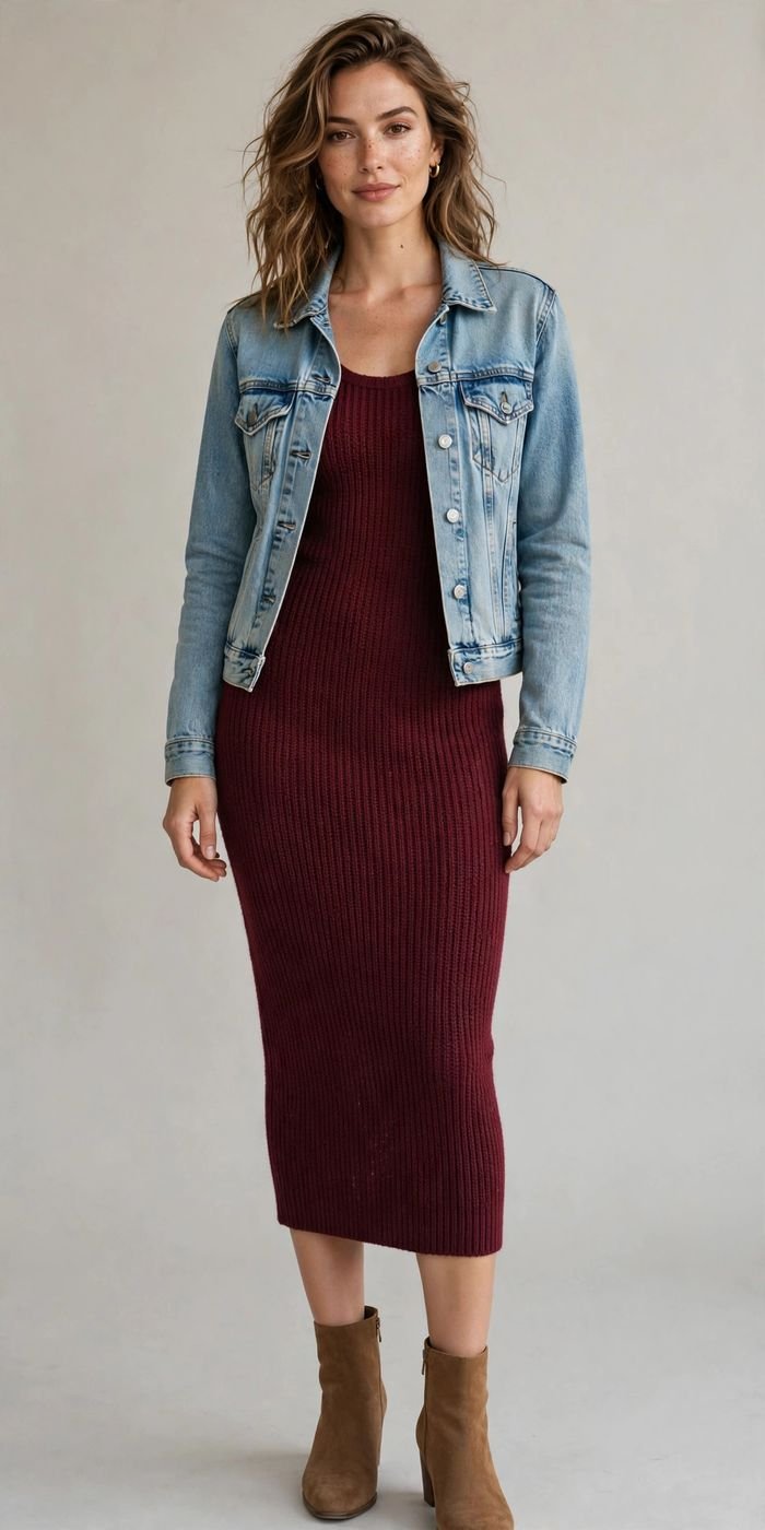 Woman in a knit bodycon dress with a denim jacket