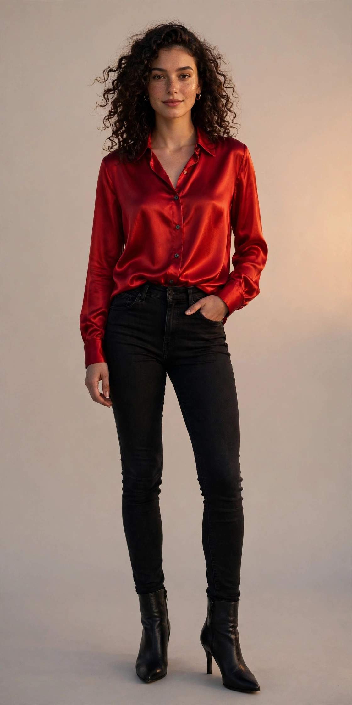 Woman in black skinny jeans with a red blouse