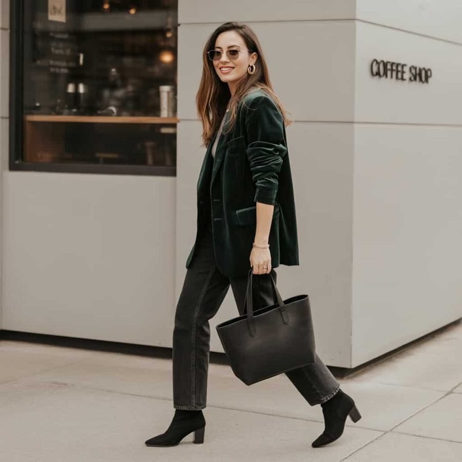 woman in emerald velvet blazer with dark jeans and black ankle boots