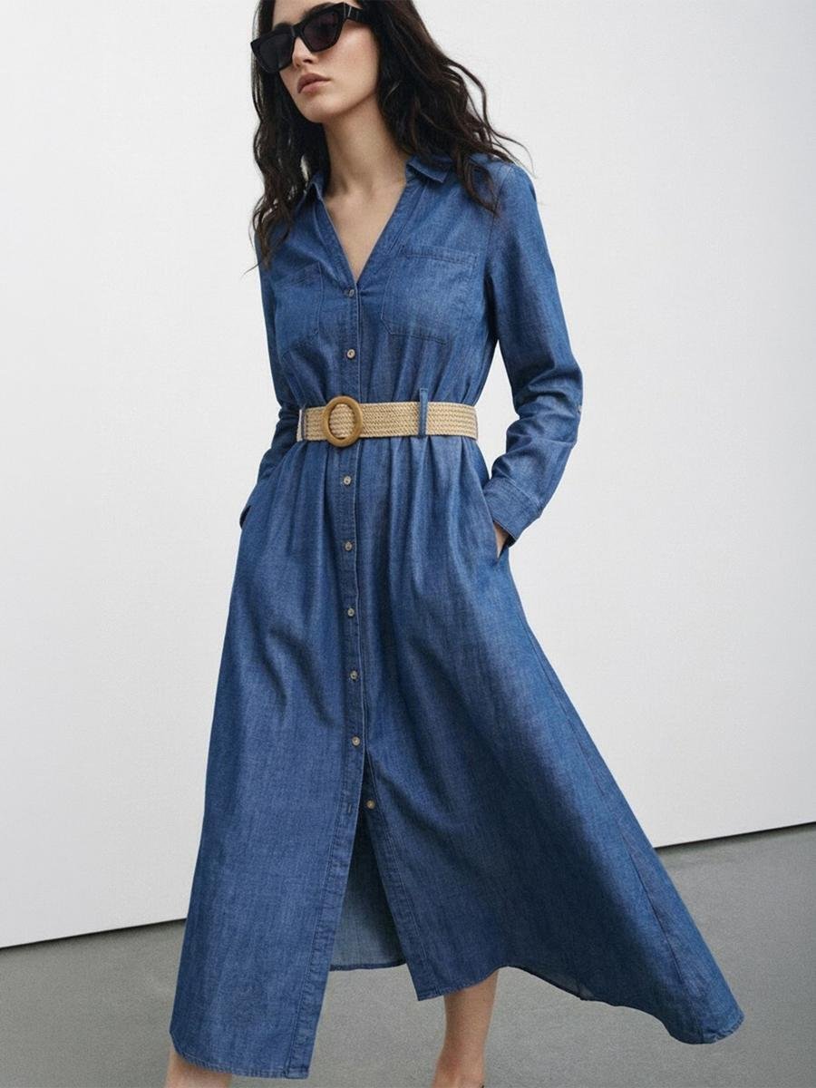 Woman wearing a belted chambray shirt dress