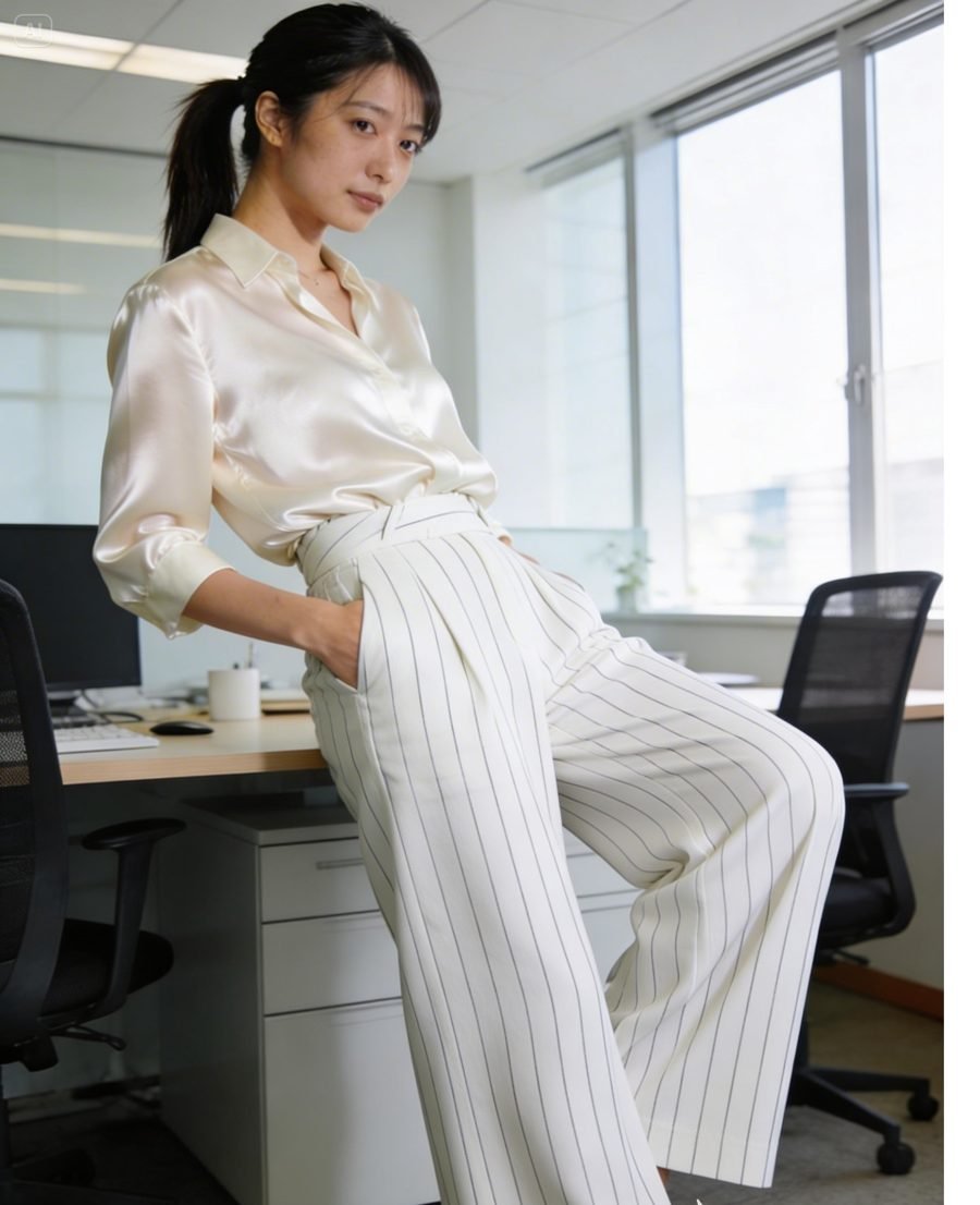 Woman wearing pinstripe trousers with a satin blouse